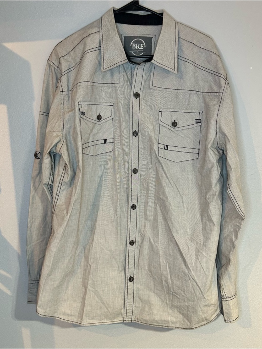 BKE Athletic Fit Button down Shirt gray w/ Black Trim western style long sleeve